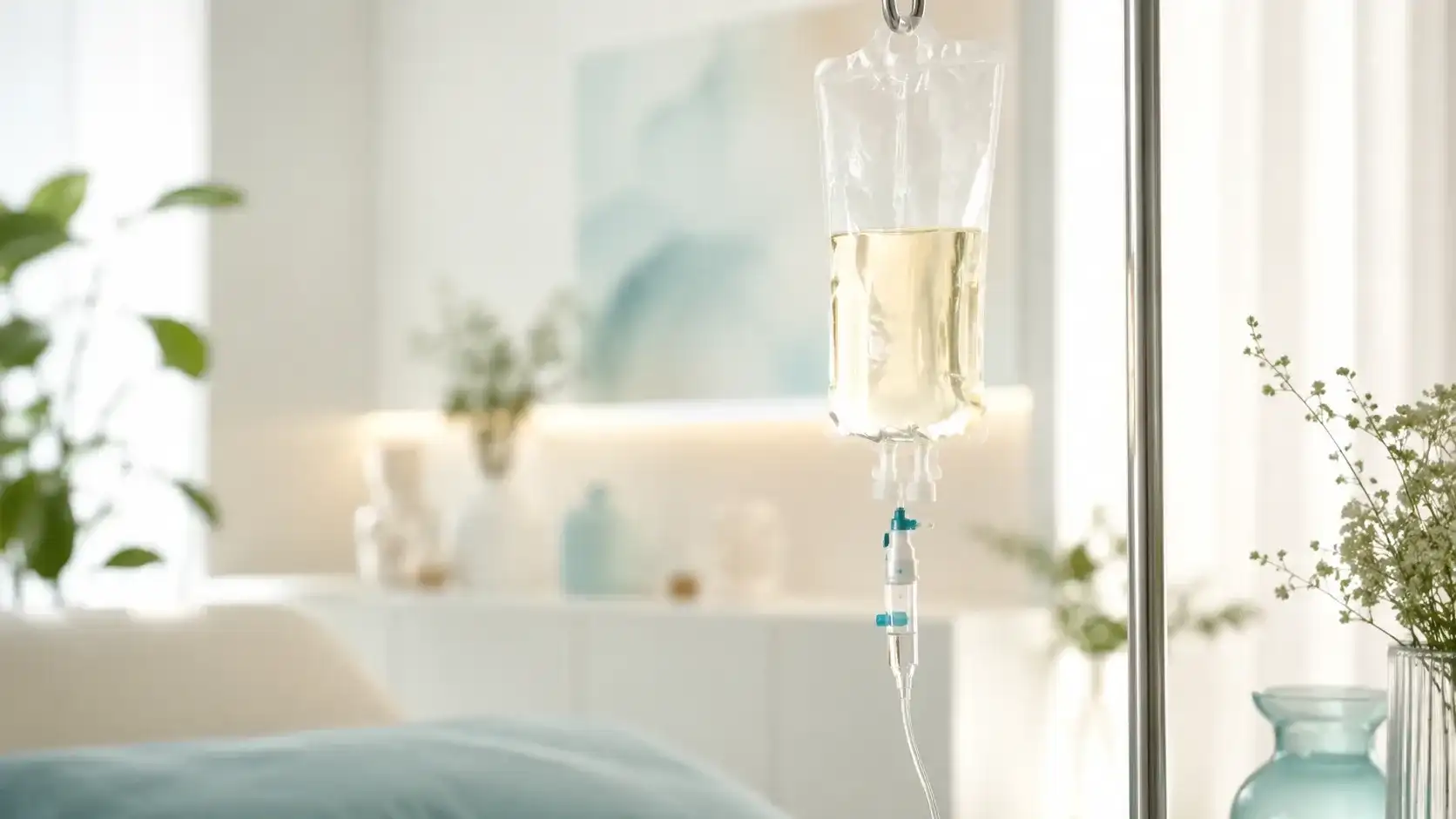 Infusion am Infusionsständer in hellem, freundlichem Praxisraum